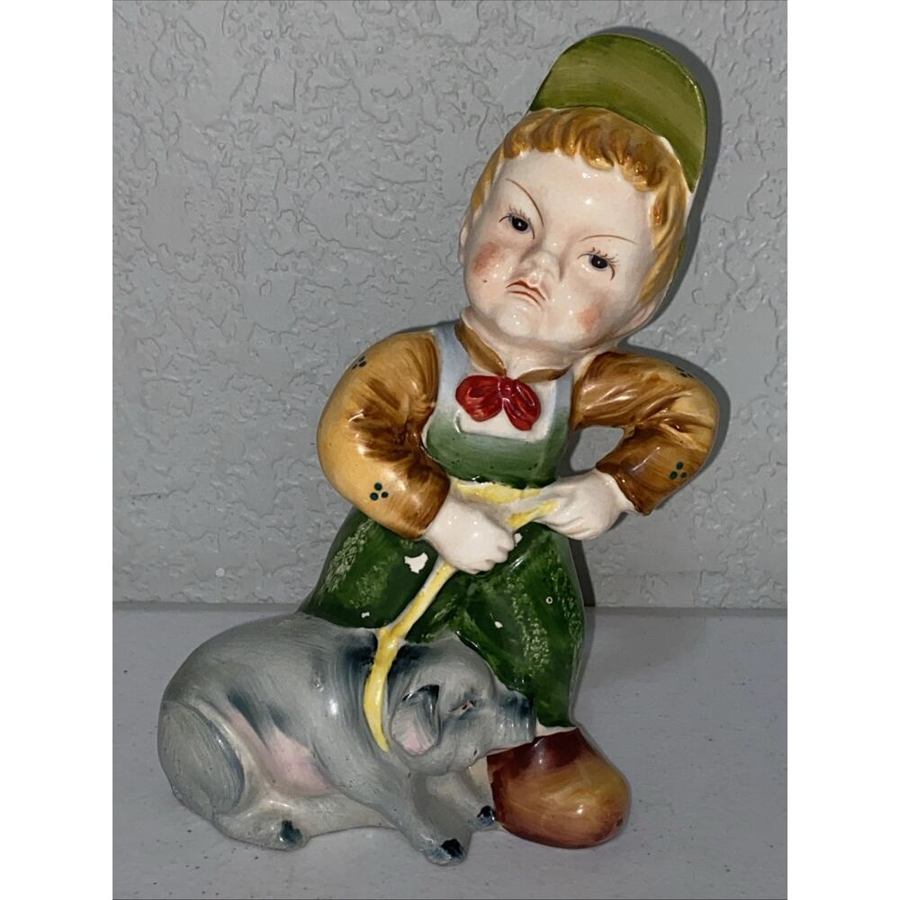 VTG Made In Occupied Japan Porcelain Farmer Boy Pulling Pig Figurine Mid Century
